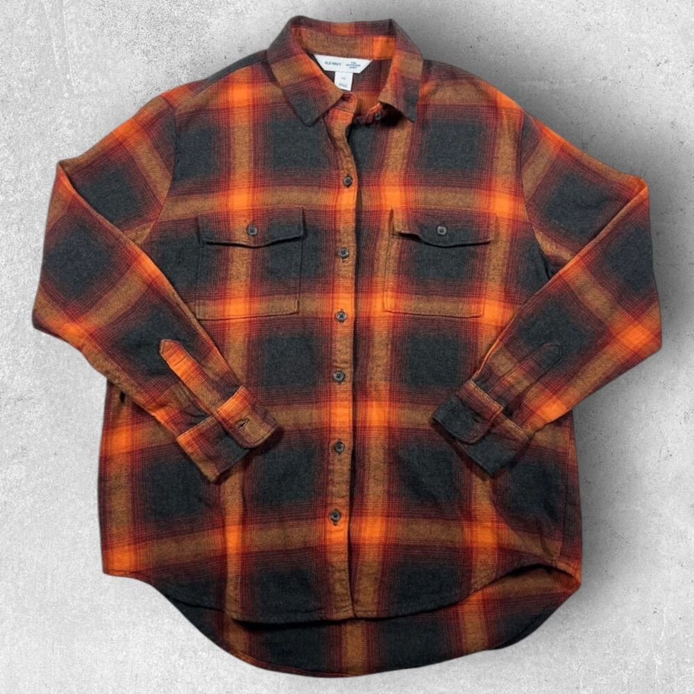 Old Navy Womens Plaid Boyfriend Flannel Shirt XS Swifty Evermore Orange Black